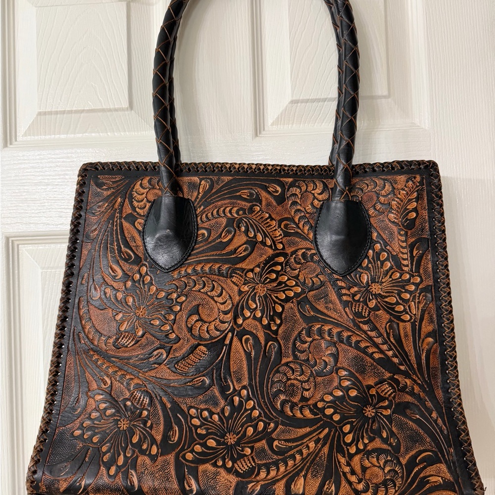 Floral Embossed Leather Tote Bag - Tan and Black